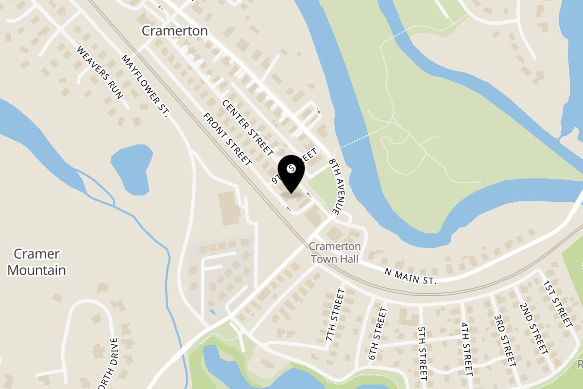 Map showing the location of Mayworth's Public House on 115 Center St in Cramerton